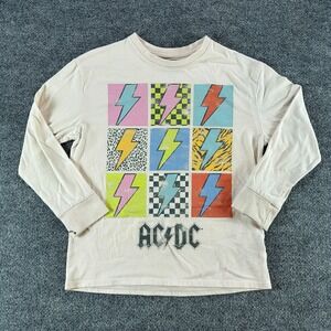AC/DC Kids Long Sleeve‎ T-Shirt Cream Lightning Bolt Band Tee Size M 8 Casual